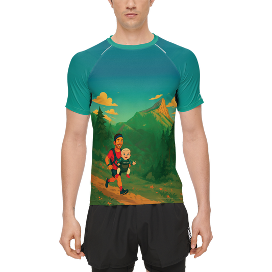 un homme portant un T-Shirt avec le décor de la Chartreuse, et un coureur portant son bébé en porte-bébé - Face Avant